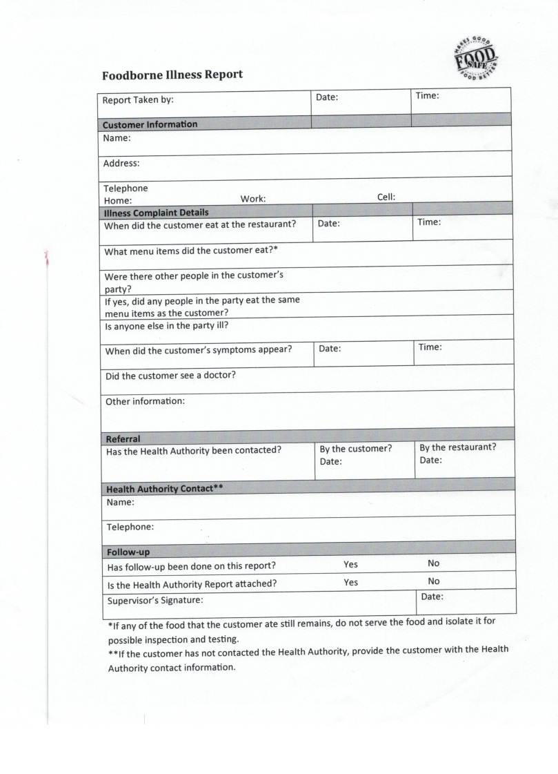 Foodborne Illness Report Form